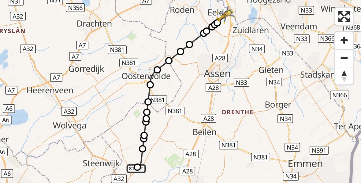 Vluchtroute Traumahelikopter van Havelte naar Groningen Airport Eelde