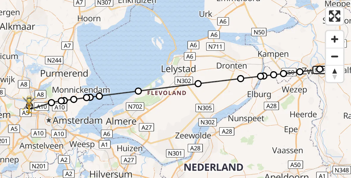 Vluchtroute Traumahelikopter van Isala Hospital Zwolle Heliport naar Amsterdam Heliport