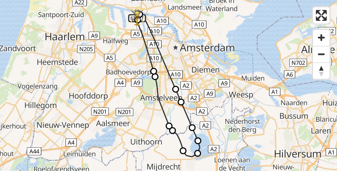 Vluchtroute Traumahelikopter van Amsterdam Heliport naar Amsterdam Heliport
