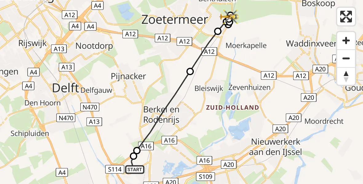 Vluchtroute Traumahelikopter van Rotterdam The Hague Airport naar Benthuizen