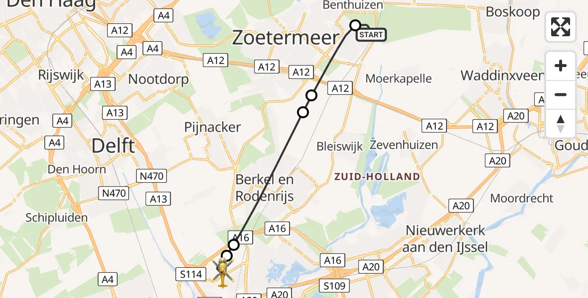 Vluchtroute Traumahelikopter van Benthuizen naar Rotterdam The Hague Airport