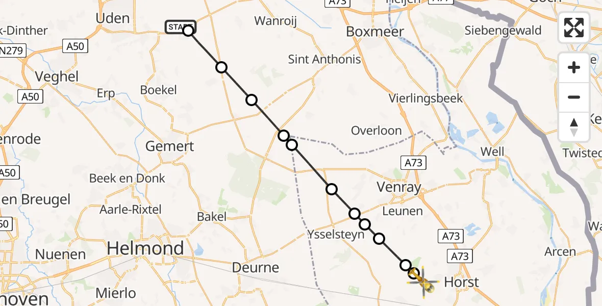 Vluchtroute Traumahelikopter van Vliegbasis Volkel naar Meterik