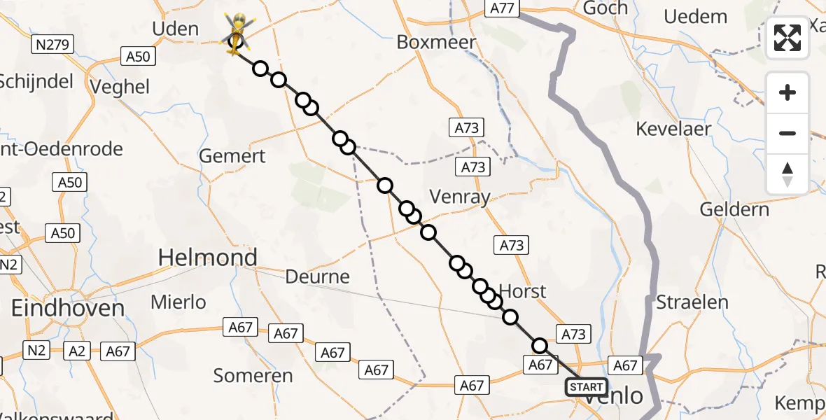 Vluchtroute Traumahelikopter van Venlo naar Vliegbasis Volkel
