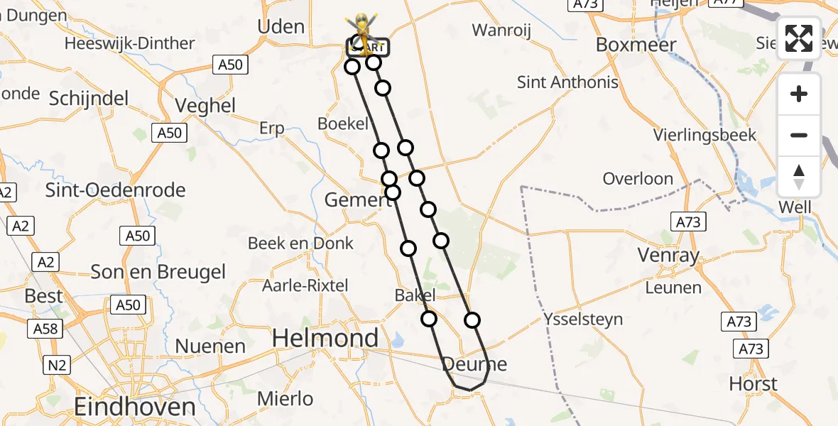 Vluchtroute Traumahelikopter van Vliegbasis Volkel naar Vliegbasis Volkel