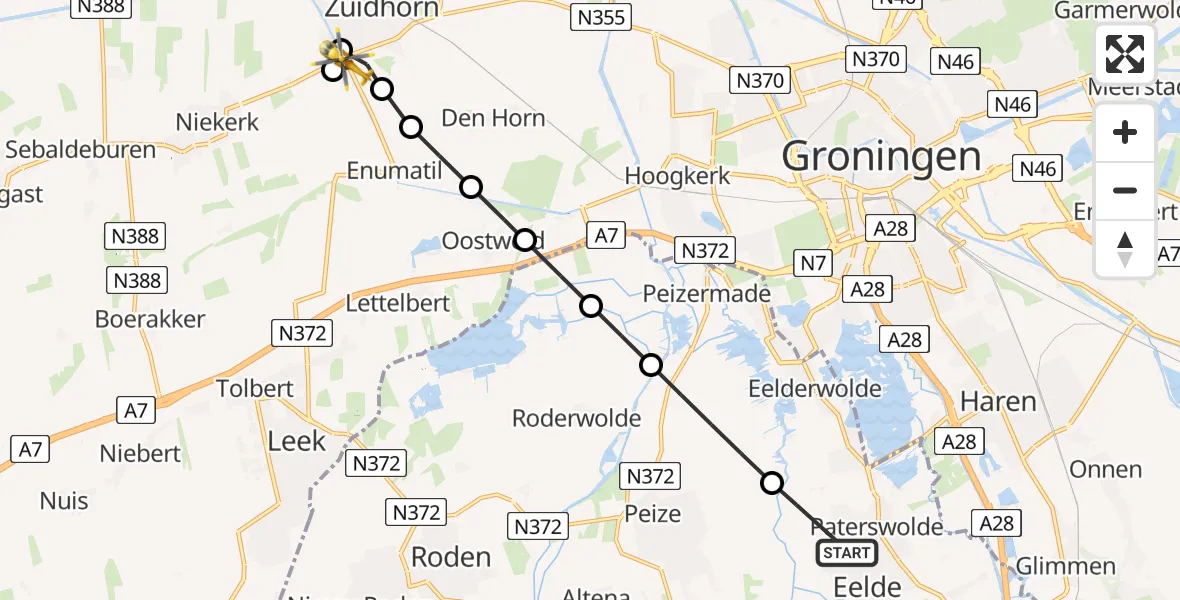 Vluchtroute Traumahelikopter van Paterswolde naar Briltil