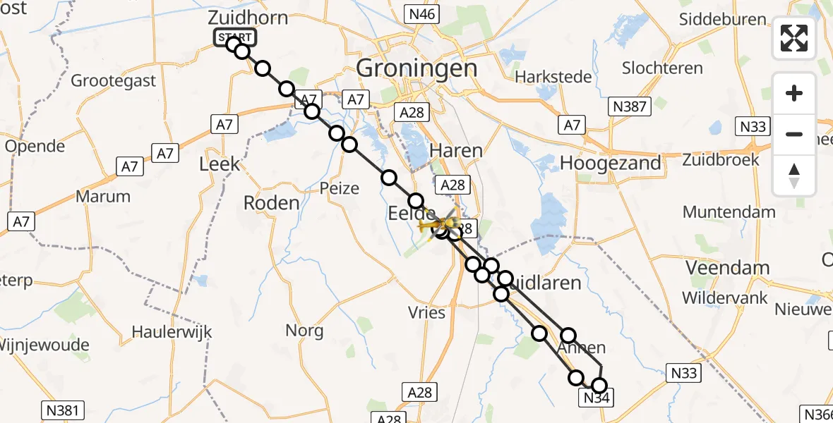 Vluchtroute Traumahelikopter van Briltil naar Groningen Airport Eelde