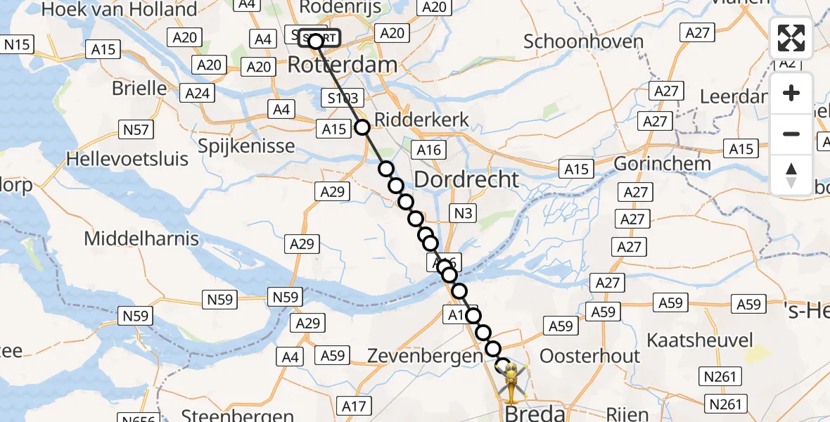 Vluchtroute Traumahelikopter van Rotterdam The Hague Airport naar Breda
