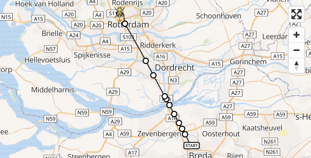 Vluchtroute Traumahelikopter van Breda naar Rotterdam The Hague Airport
