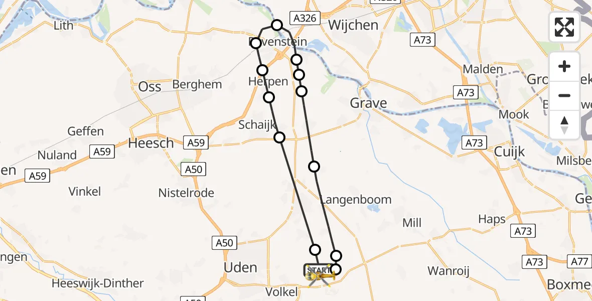 Vluchtroute Traumahelikopter van Vliegbasis Volkel naar Vliegbasis Volkel