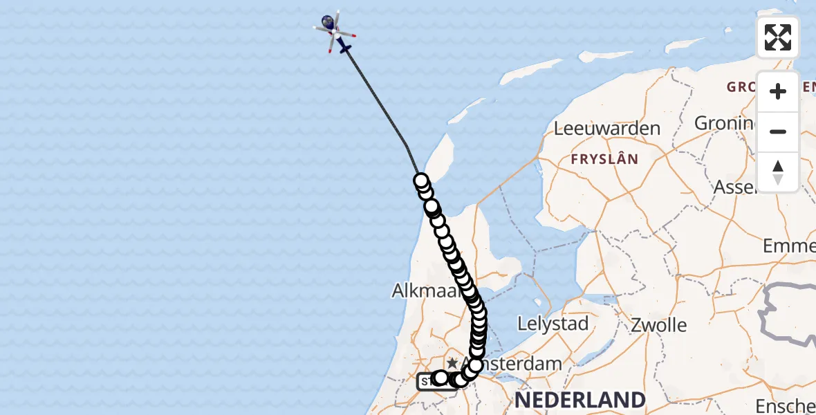Vluchtroute Politiehelikopter van Amsterdam Vliegveld Schiphol naar Noordzee