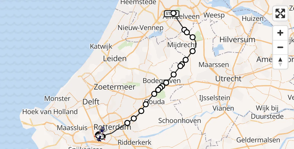 Vluchtroute Politiehelikopter van Amsterdam Vliegveld Schiphol naar Rotterdam