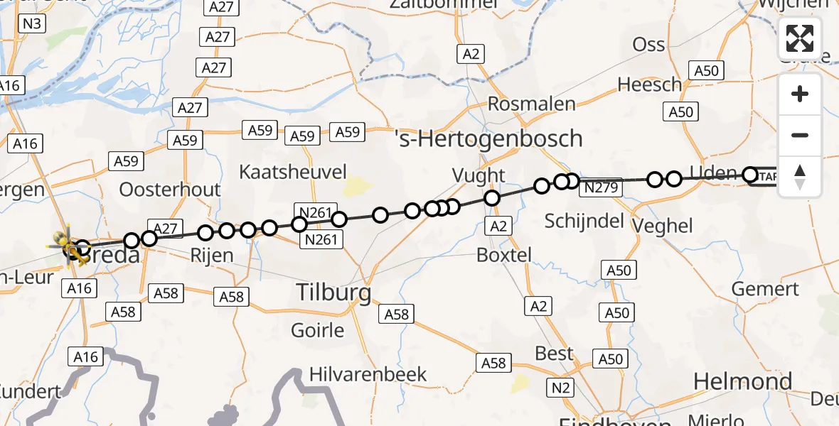 Vluchtroute Traumahelikopter van Vliegbasis Volkel naar Prinsenbeek