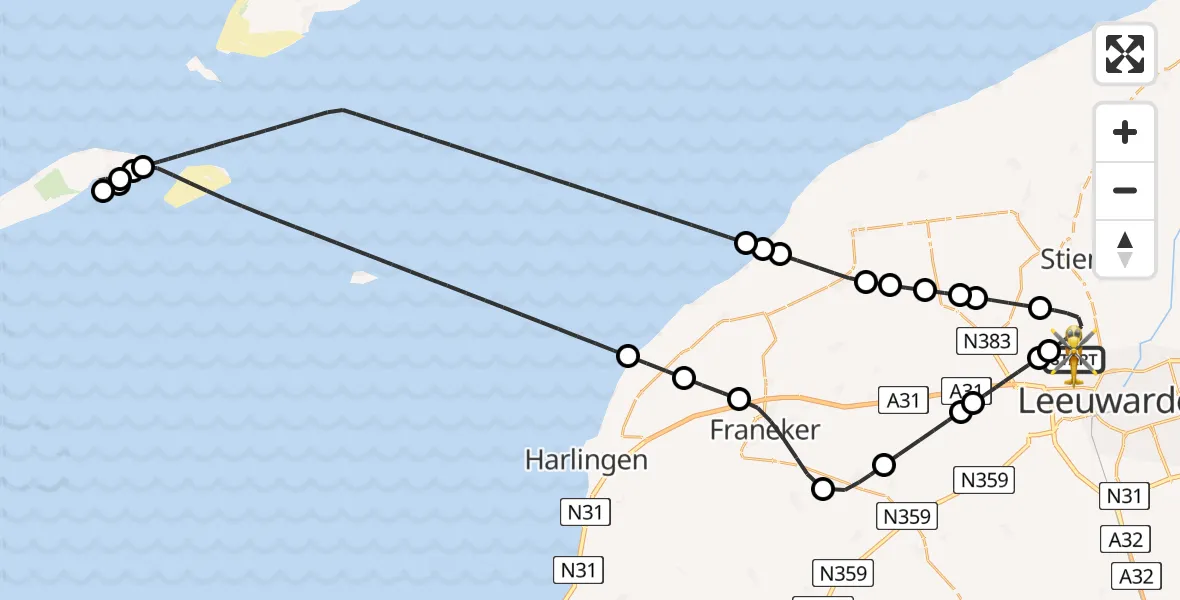 Vluchtroute Ambulancehelikopter van Vliegbasis Leeuwarden naar Vliegbasis Leeuwarden