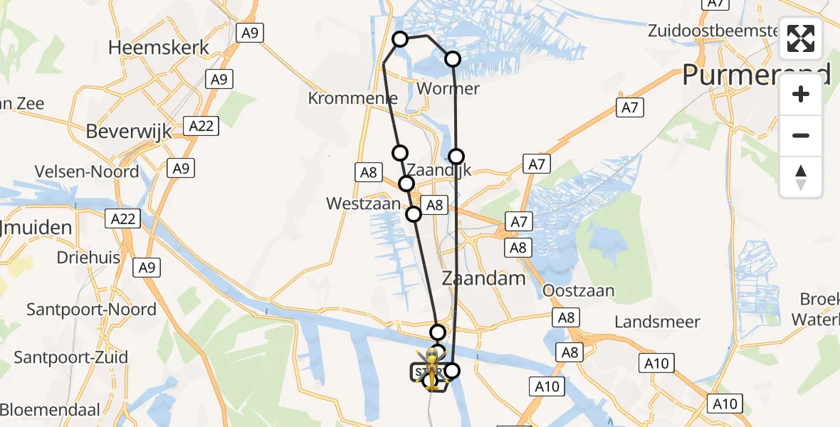 Vluchtroute Traumahelikopter van Amsterdam Heliport naar Amsterdam Heliport