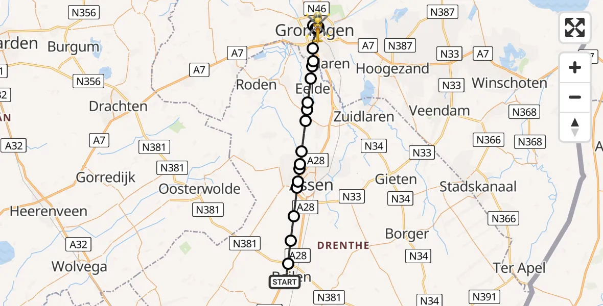 Vluchtroute Traumahelikopter van Beilen naar Universitair Medisch Centrum Groningen