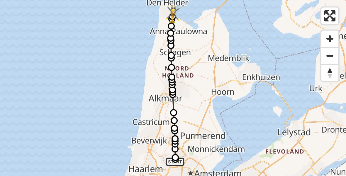 Vluchtroute Traumahelikopter van Amsterdam Heliport naar Den Helder