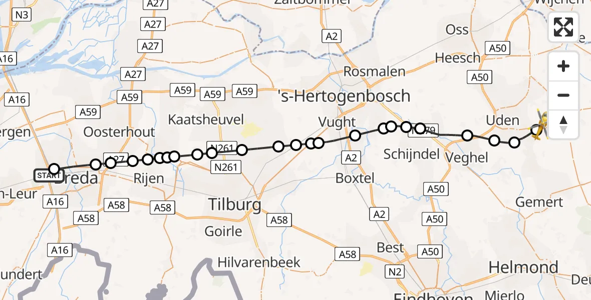 Vluchtroute Traumahelikopter van Prinsenbeek naar Vliegbasis Volkel