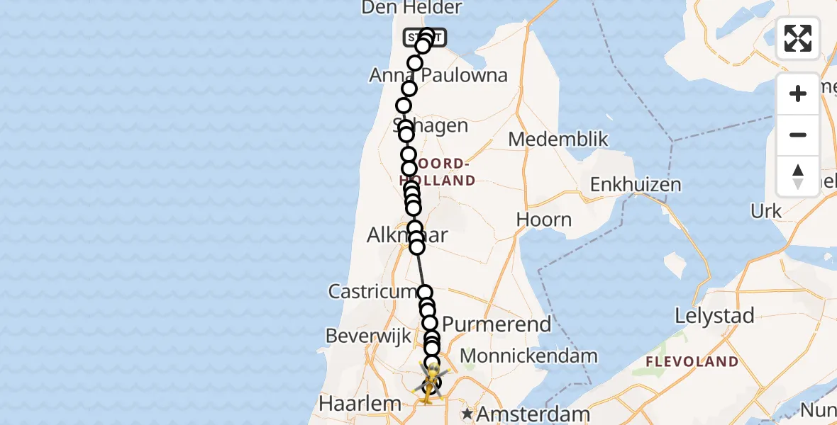 Vluchtroute Traumahelikopter van Militair vliegveld De Kooy / Den Helder Airport naar Amsterdam Heliport
