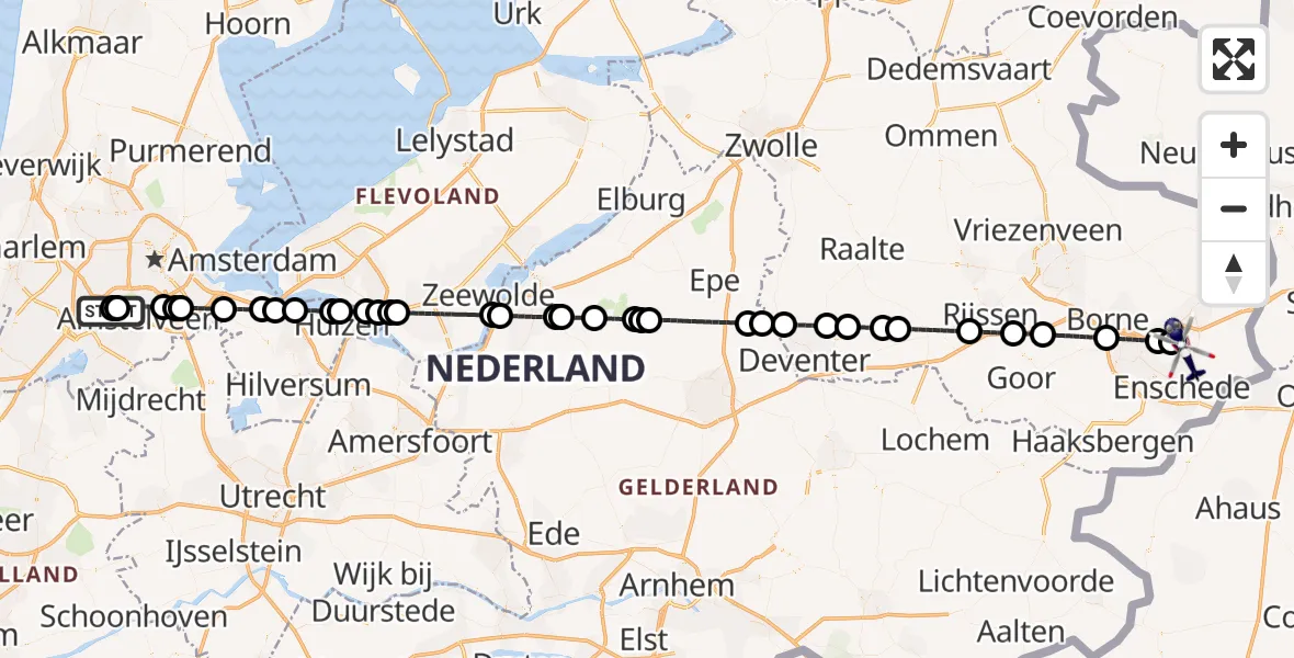 Vluchtroute Politiehelikopter van Amsterdam Vliegveld Schiphol naar Enschede