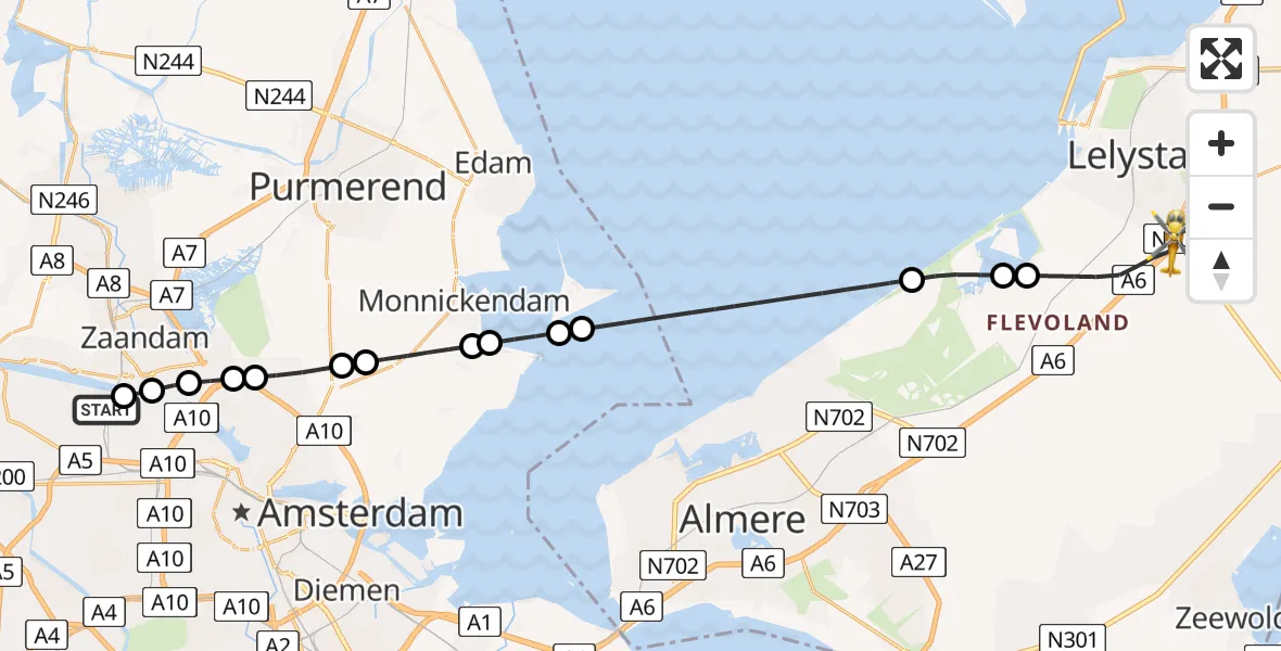 Vluchtroute Traumahelikopter van Amsterdam Heliport naar Lelystad