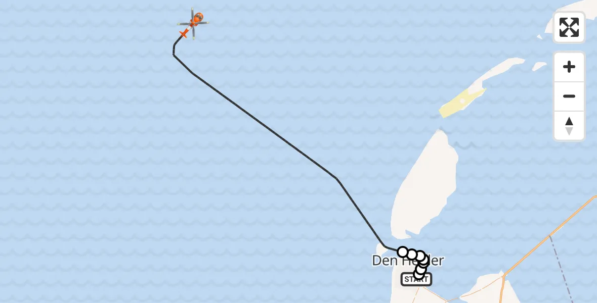 Vluchtroute Kustwachthelikopter van Militair vliegveld De Kooy / Den Helder Airport naar Noordzee
