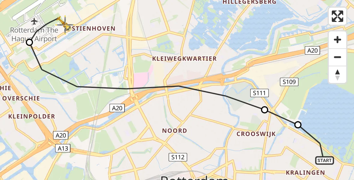 Vluchtroute Traumahelikopter van Rotterdam naar Rotterdam The Hague Airport