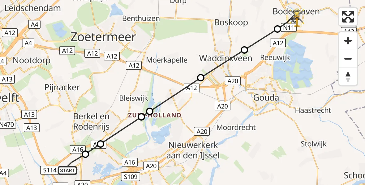 Vluchtroute Traumahelikopter van Rotterdam The Hague Airport naar Bodegraven
