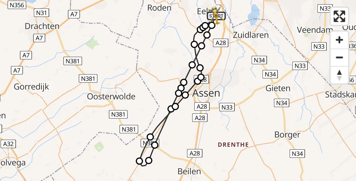 Vluchtroute Traumahelikopter van Groningen Airport Eelde naar Groningen Airport Eelde