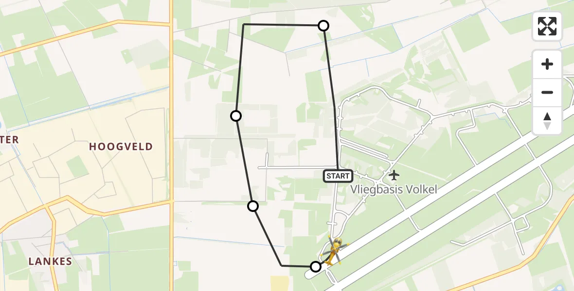 Vluchtroute Traumahelikopter van Vliegbasis Volkel naar Vliegbasis Volkel