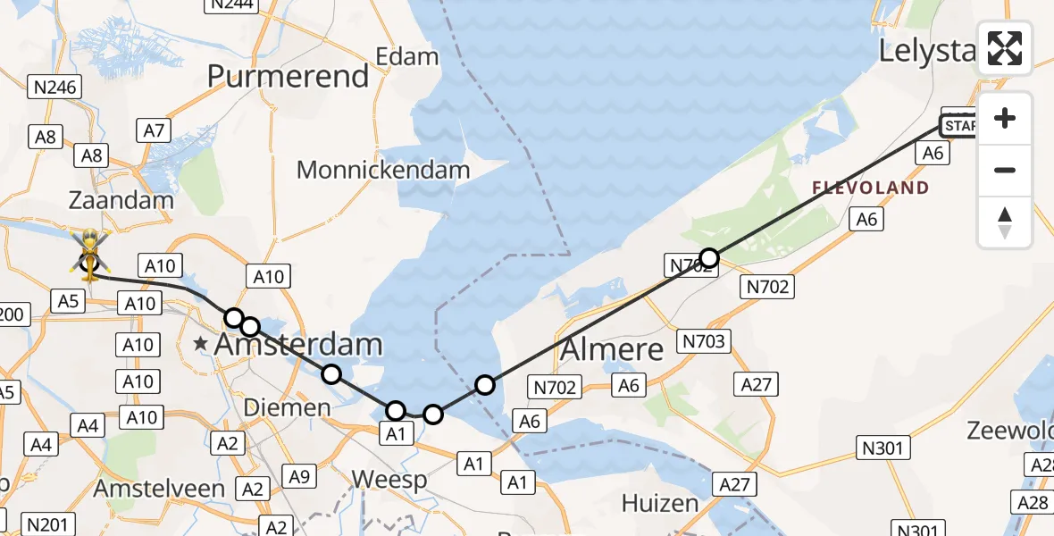 Vluchtroute Traumahelikopter van Lelystad naar Amsterdam Heliport