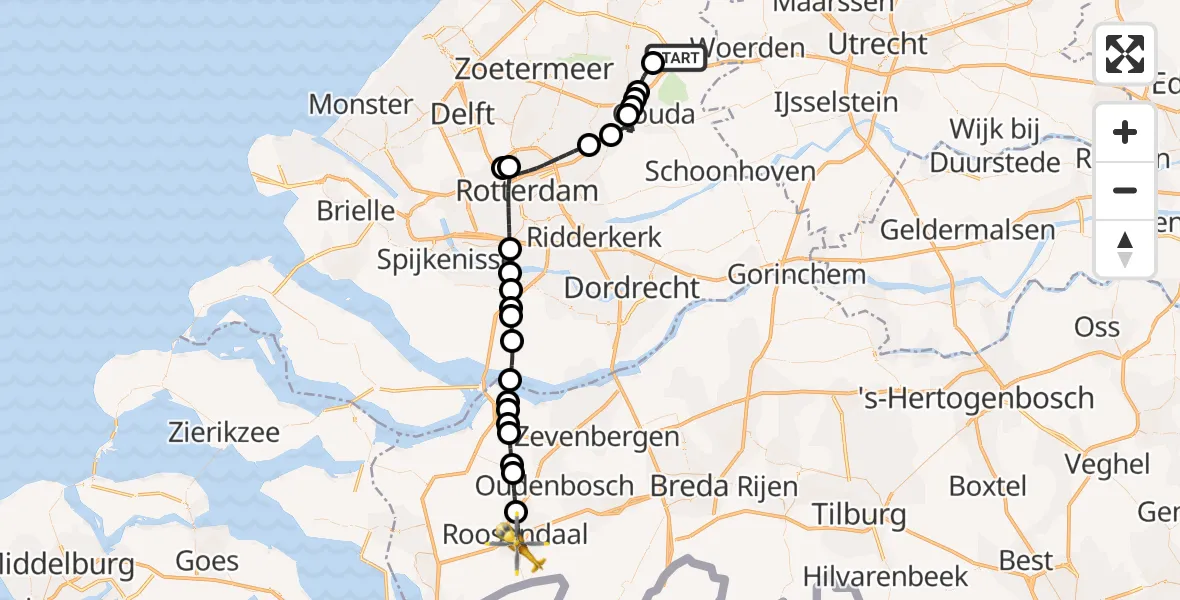 Vluchtroute Traumahelikopter van Bodegraven naar Roosendaal