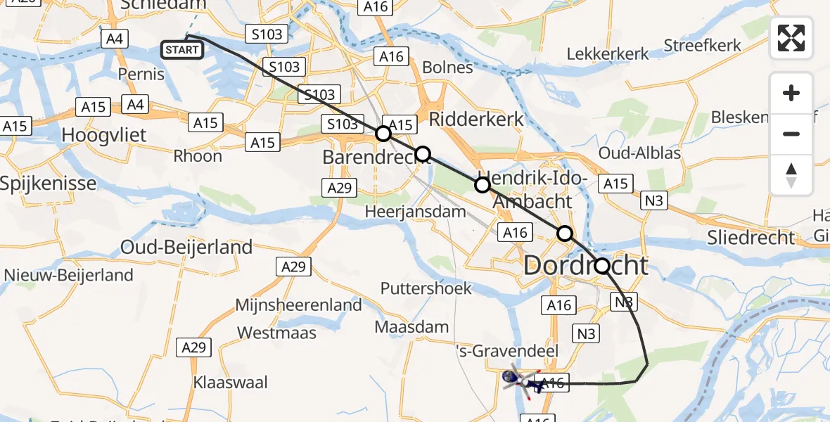 Vluchtroute Politiehelikopter van Rotterdam naar Dordrecht