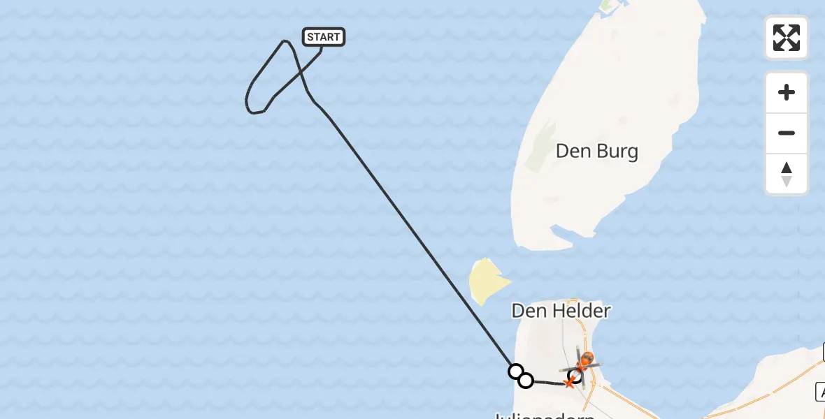 Vluchtroute Kustwachthelikopter van Noordzee naar Militair vliegveld De Kooy / Den Helder Airport