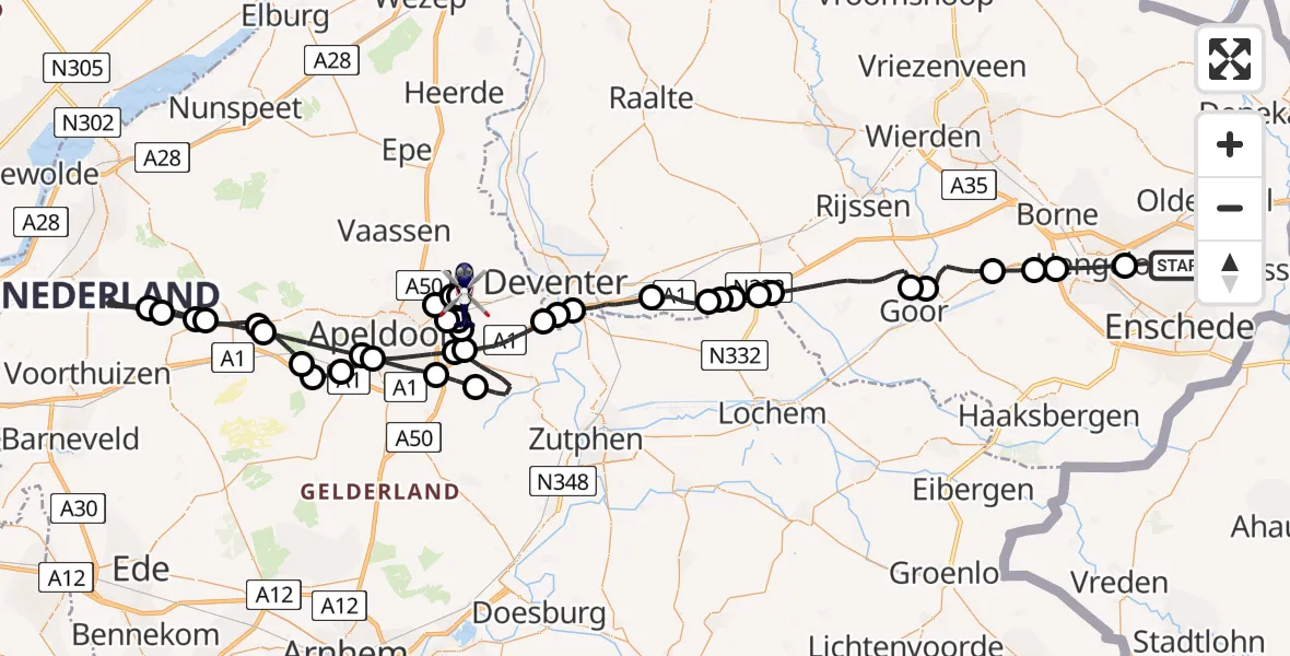 Vluchtroute Politiehelikopter van Enschede naar Vliegveld Teuge