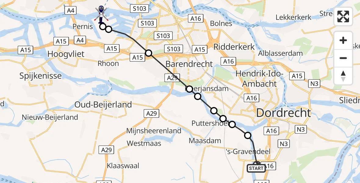Vluchtroute Politiehelikopter van Dordrecht naar Rotterdam