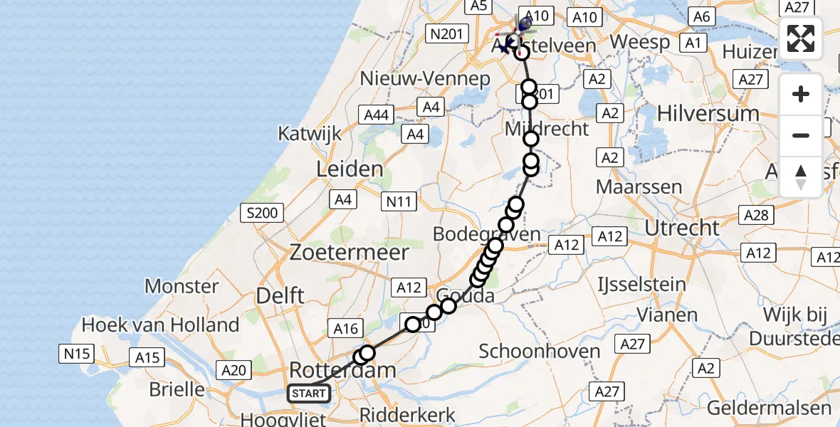 Vluchtroute Politiehelikopter van Rotterdam naar Amsterdam Vliegveld Schiphol