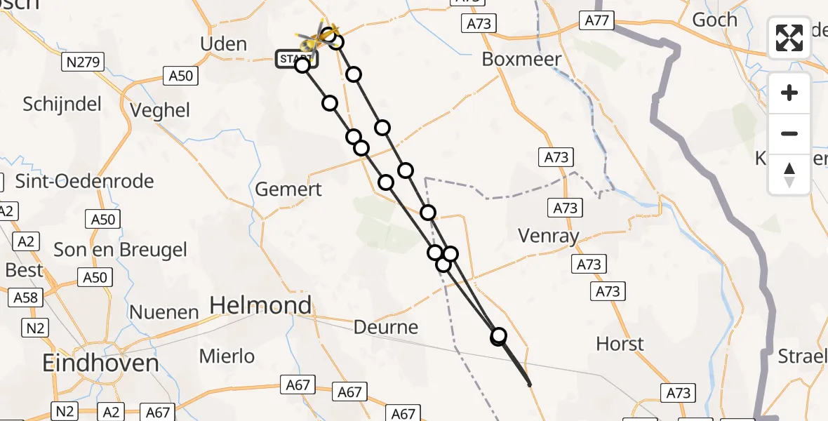 Vluchtroute Traumahelikopter van Vliegbasis Volkel naar Vliegbasis Volkel