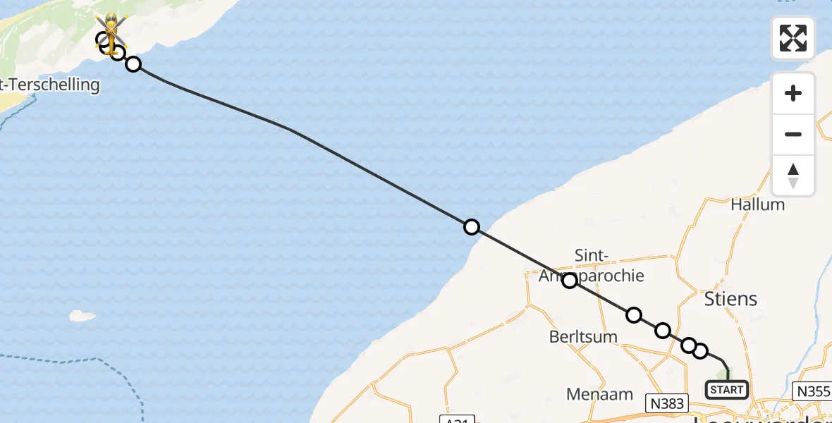 Vluchtroute Ambulancehelikopter van Vliegbasis Leeuwarden naar Terschelling Heliport