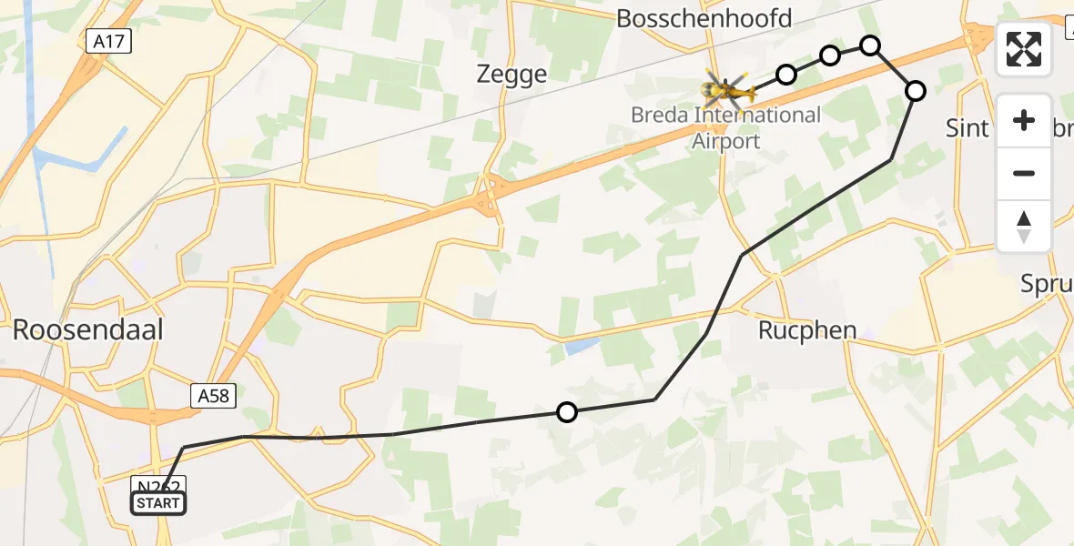 Vluchtroute Traumahelikopter van Roosendaal naar Breda International Airport