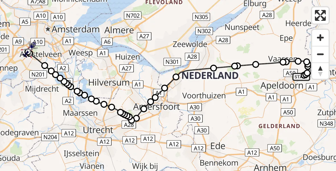 Vluchtroute Politiehelikopter van Vliegveld Teuge naar Amsterdam Vliegveld Schiphol