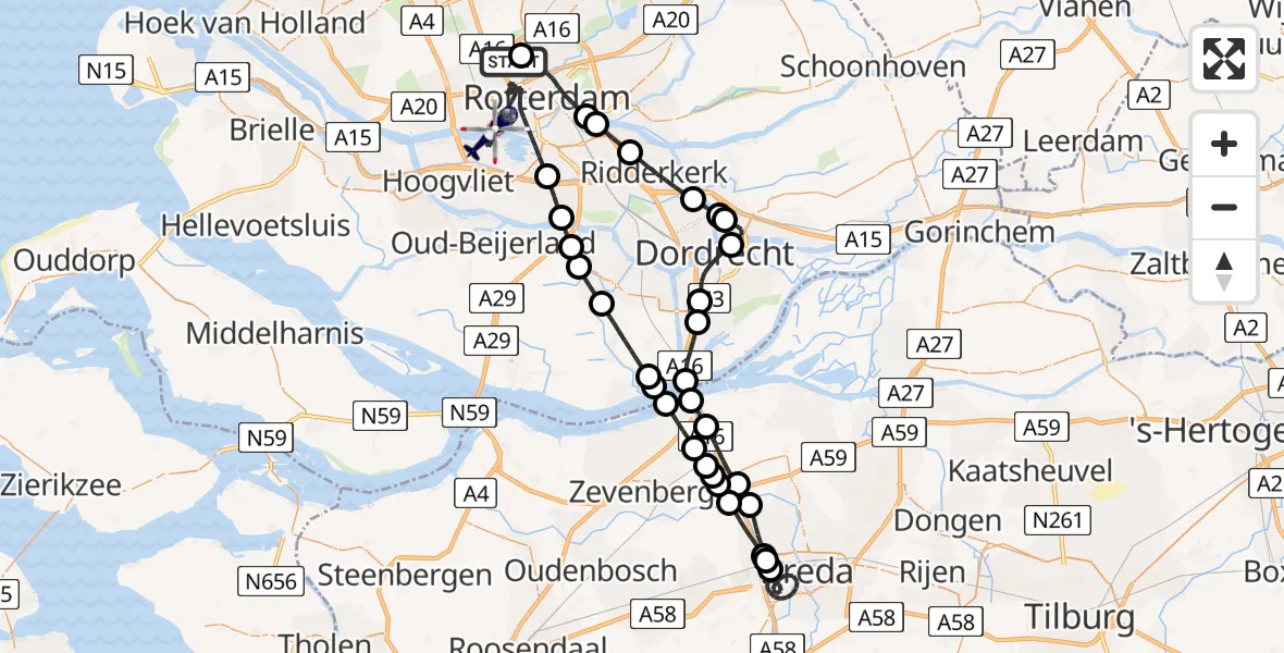 Vluchtroute Politiehelikopter van Rotterdam The Hague Airport naar Rotterdam