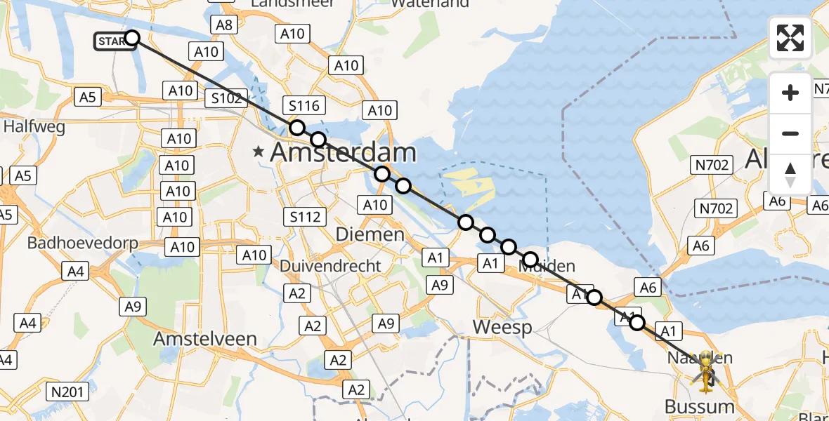 Vluchtroute Traumahelikopter van Amsterdam Heliport naar Naarden