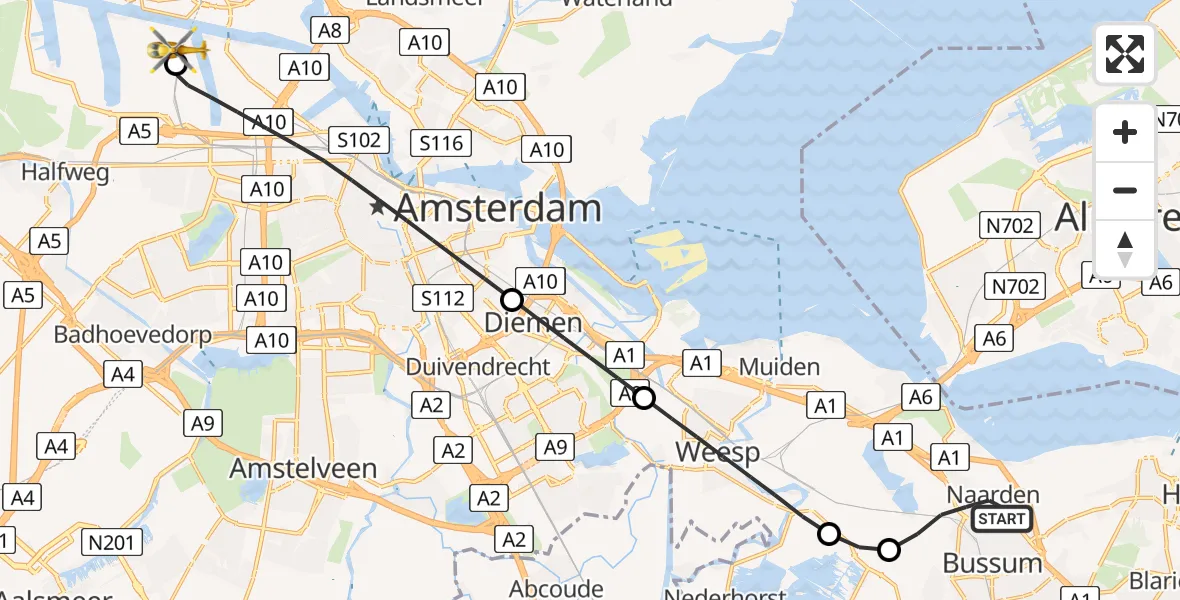 Vluchtroute Traumahelikopter van Naarden naar Amsterdam Heliport