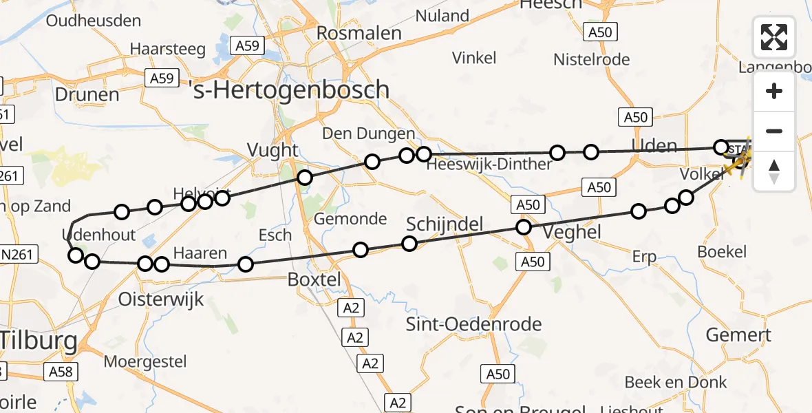Vluchtroute Traumahelikopter van Vliegbasis Volkel naar Vliegbasis Volkel
