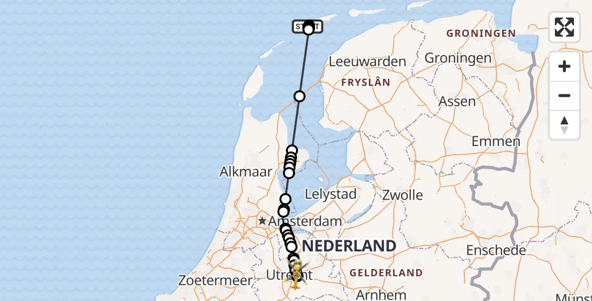 Vluchtroute Ambulancehelikopter van Terschelling Heliport naar University Medical Center Utrecht Heliport
