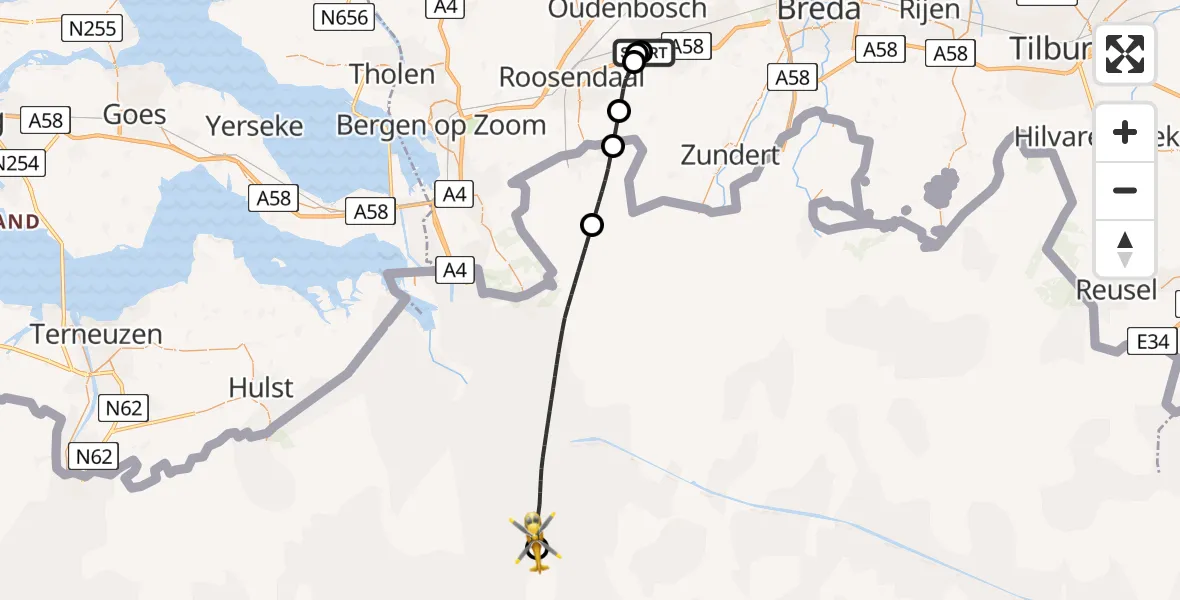 Vluchtroute Traumahelikopter van Breda International Airport naar Antwerp University Hospital Heliport