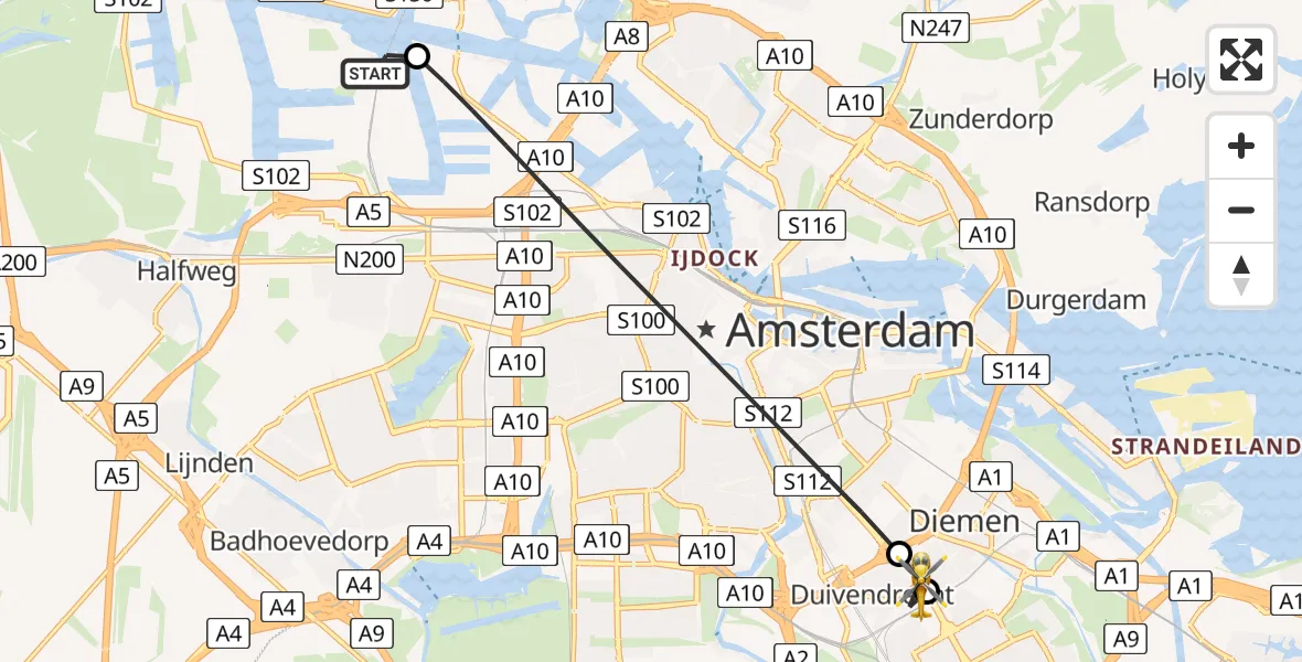 Vluchtroute Traumahelikopter van Amsterdam Heliport naar Diemen