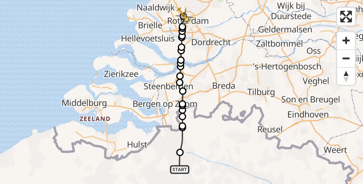 Vluchtroute Traumahelikopter van Antwerp University Hospital Heliport naar Rotterdam The Hague Airport