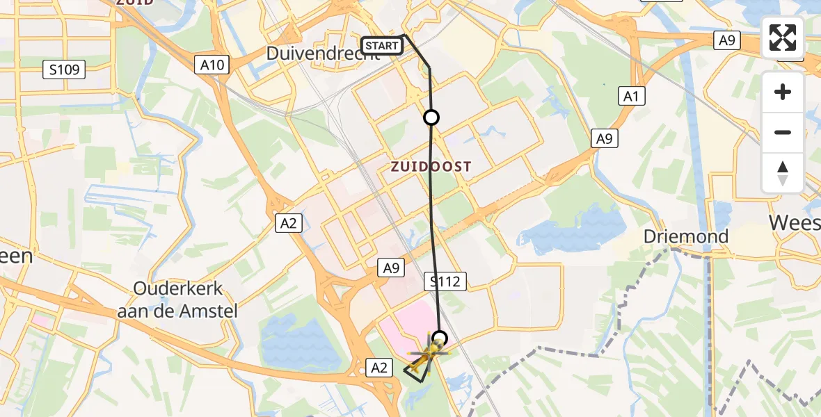 Vluchtroute Traumahelikopter van Diemen naar Amsterdam UMC Helipad