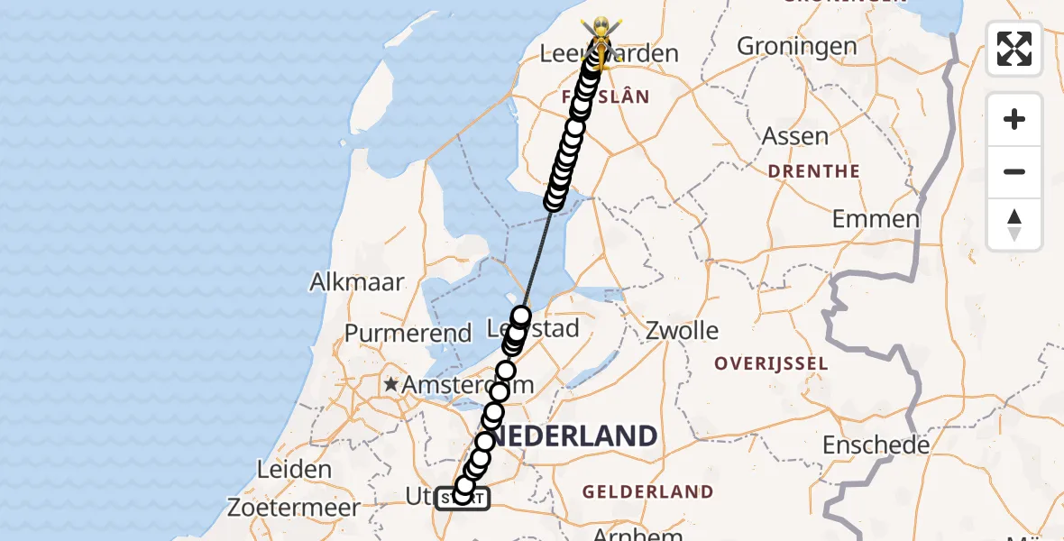 Vluchtroute Ambulancehelikopter van University Medical Center Utrecht Heliport naar Vliegbasis Leeuwarden